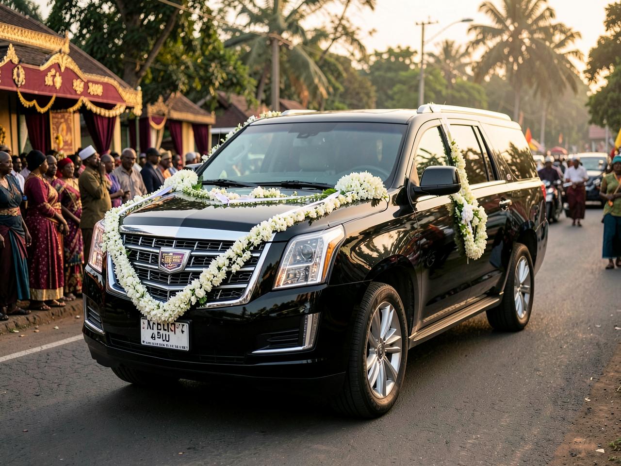 Black Cadillac Escalade SUV decorated with white flowers for a Nigerian funeral procession