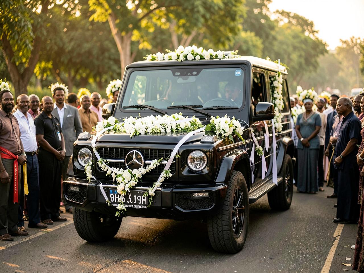 Black Mercedes-Benz G-Wagon adorned with white floral wreaths leading a funeral procession