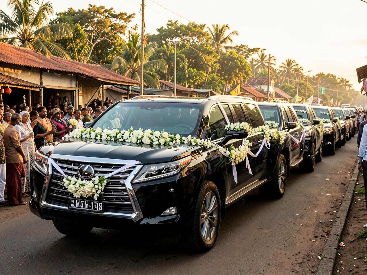 Fleet of black luxury SUVs including Lexus LX and Toyota Land Cruiser in a Nigerian funeral procession